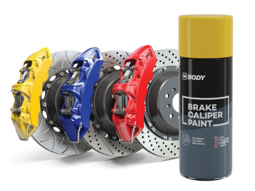 HB Body brake caliper paint spray aerosol in red, yellow, and blue